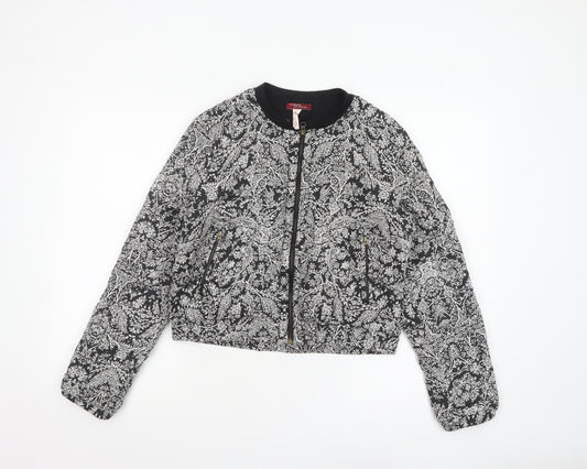 Bershka Women's Black Floral Bomber Jacket L Cropped Zip Casual