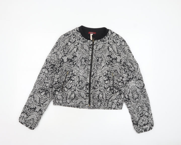 Bershka Women's Black Floral Bomber Jacket L Cropped Zip Casual