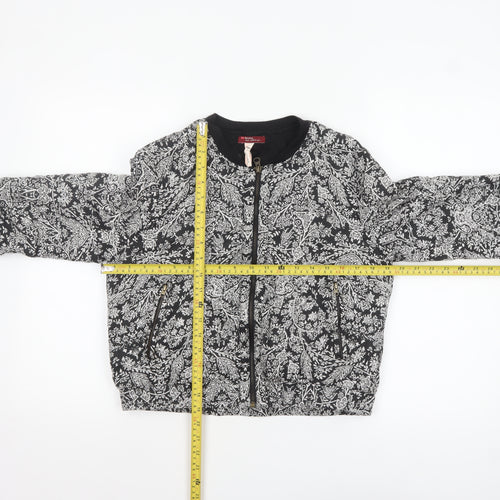 Bershka Women's Black Floral Bomber Jacket L Cropped Zip Casual