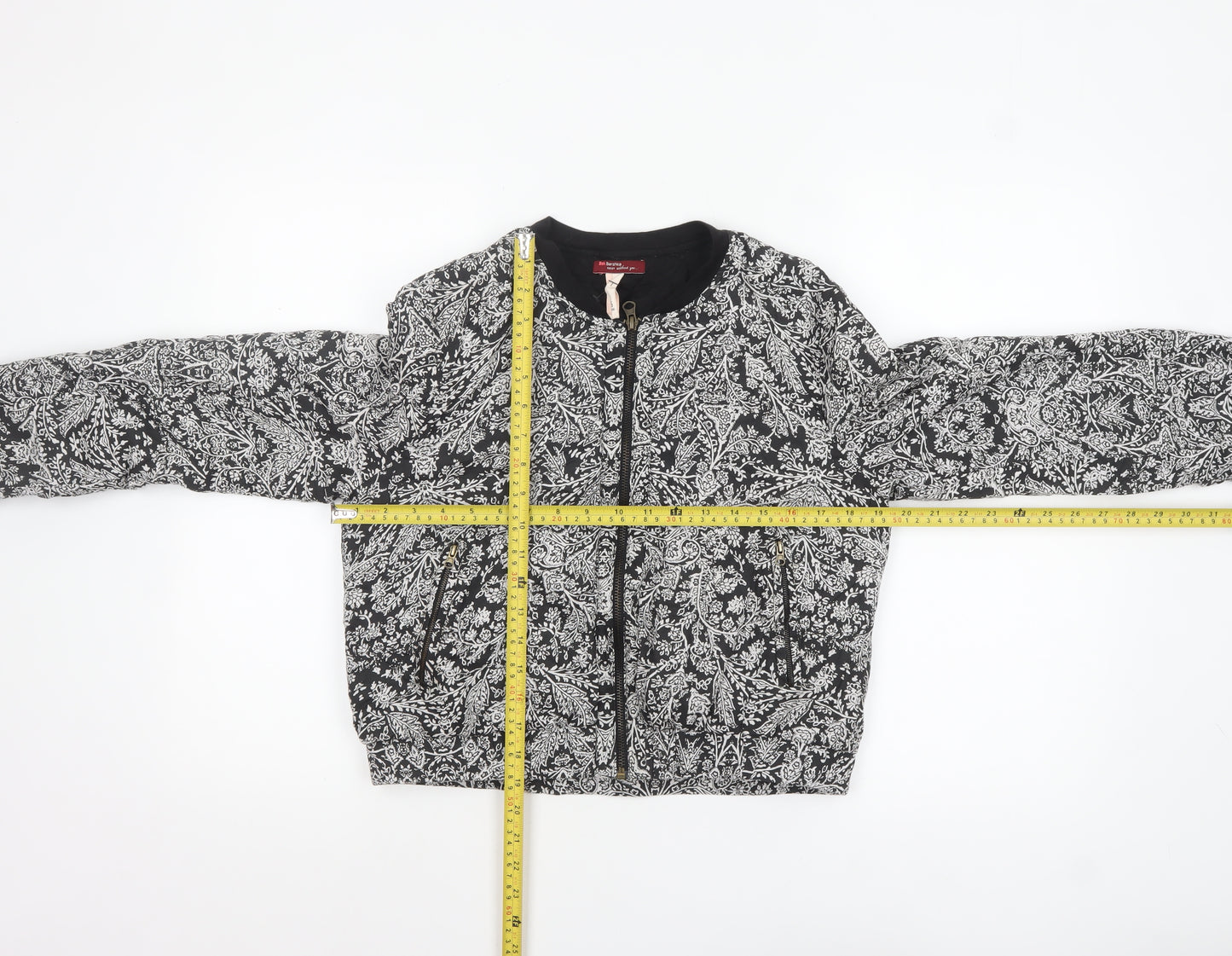 Bershka Women's Black Floral Bomber Jacket L Cropped Zip Casual