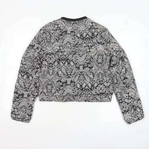 Bershka Women's Black Floral Bomber Jacket L Cropped Zip Casual