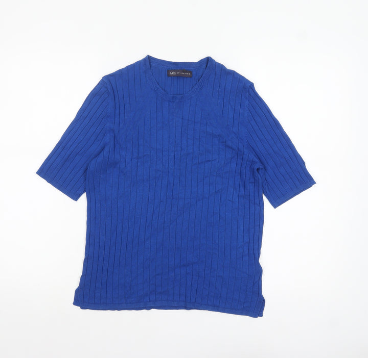 Marks and Spencer Women Blue Size 16 Ribbed Knit Short Sleeve Jumper