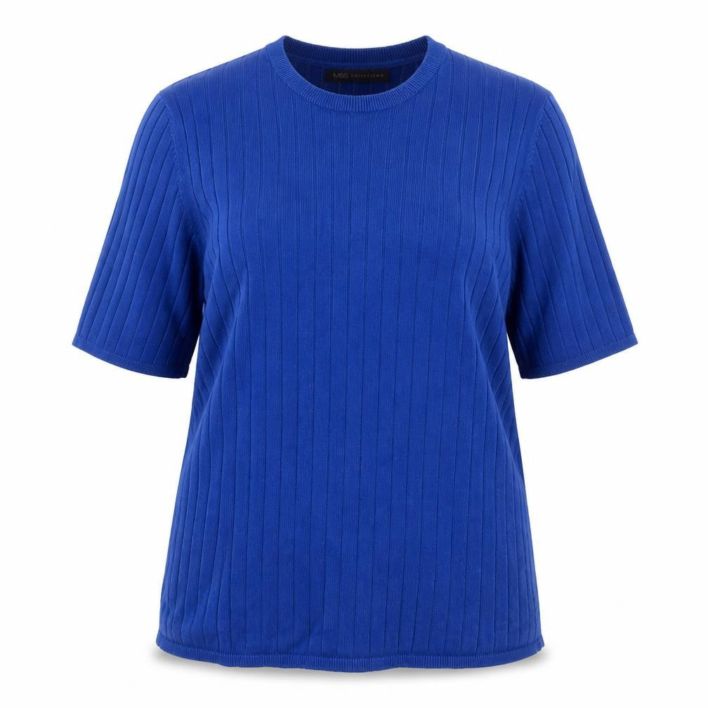 Marks and Spencer Women Blue Size 16 Ribbed Knit Short Sleeve Jumper