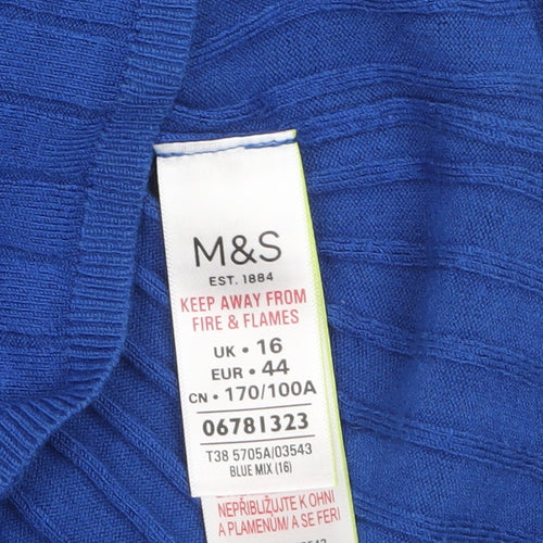 Marks and Spencer Women Blue Size 16 Ribbed Knit Short Sleeve Jumper