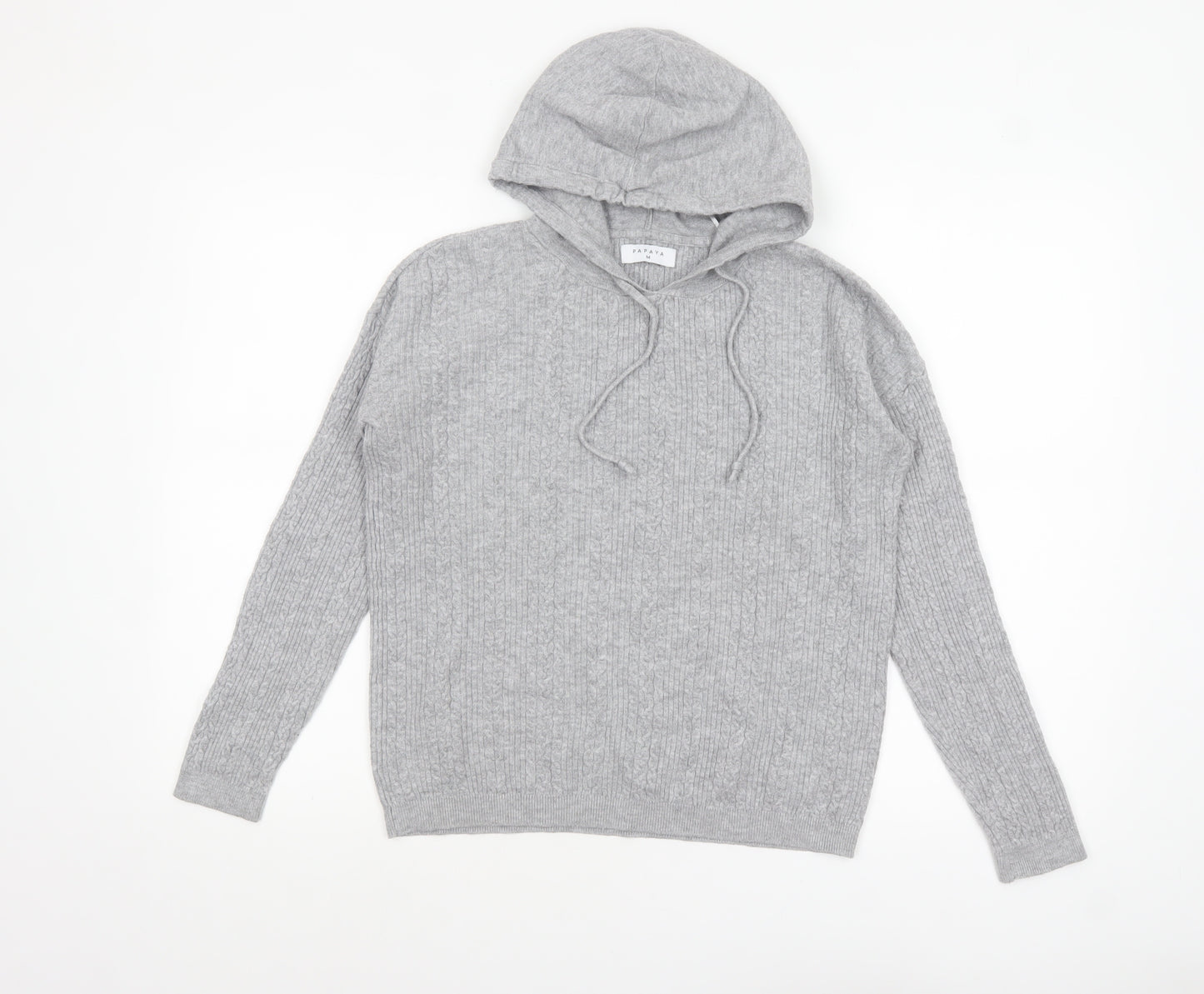 Papaya Womens Grey Cable-Knit Hooded Pullover Jumper M