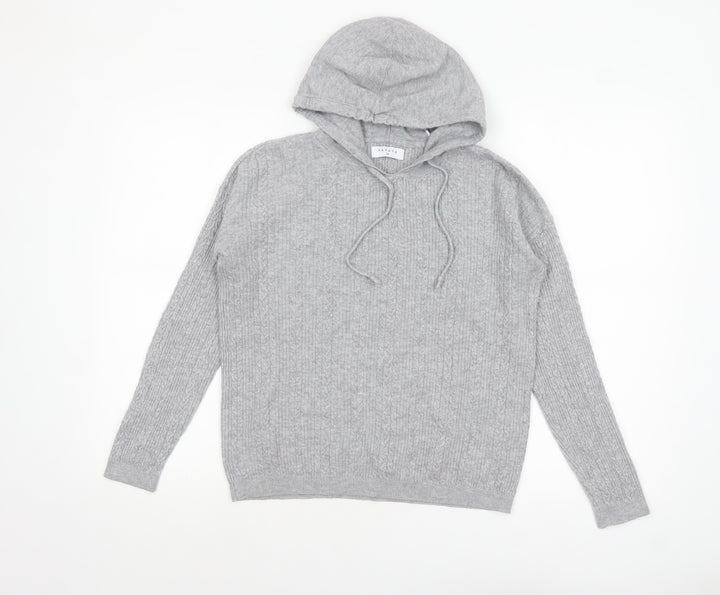 Papaya Womens Grey Cable-Knit Hooded Pullover Jumper M