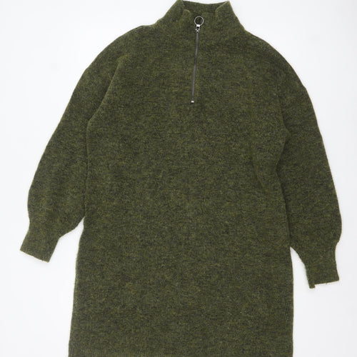 Fransa Women Green Wool Blend 1/2 Zip Long Sleeve Jumper Dress M