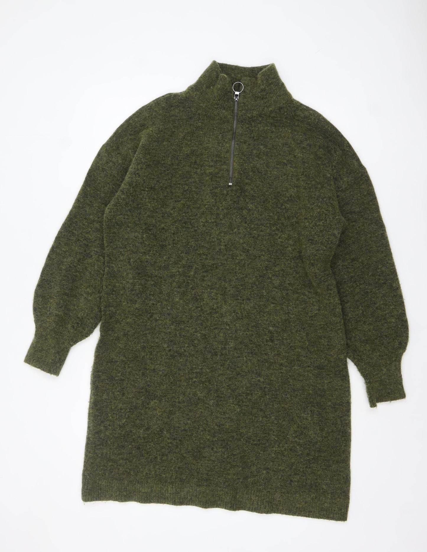 Fransa Women Green Wool Blend 1/2 Zip Long Sleeve Jumper Dress M