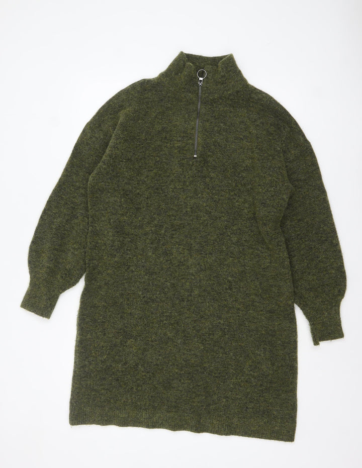 Fransa Women Green Wool Blend 1/2 Zip Long Sleeve Jumper Dress M