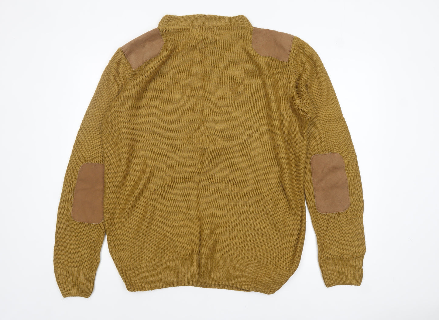 Next Men's Brown Wool Pullover Jumper L Chunky Knit Elbow Patches