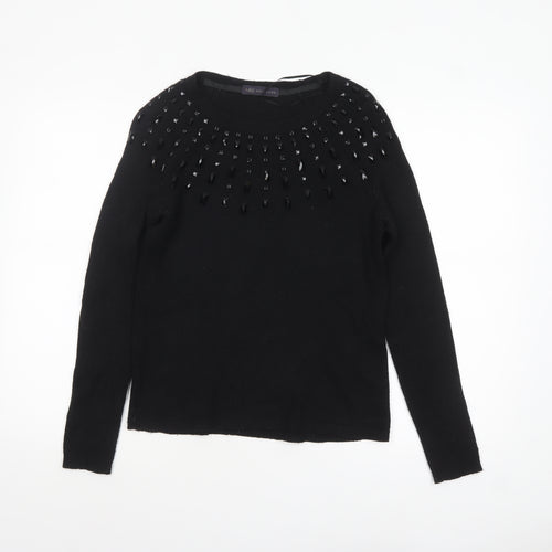 Marks and Spencer Women Black Size 10 Beaded Crew Neck Pullover Jumper