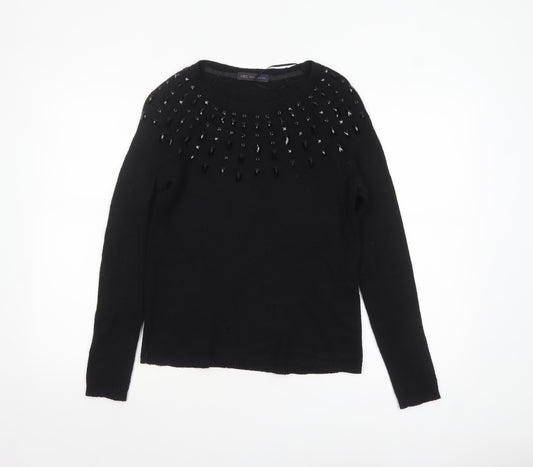 Marks and Spencer Women Black Size 10 Beaded Crew Neck Pullover Jumper