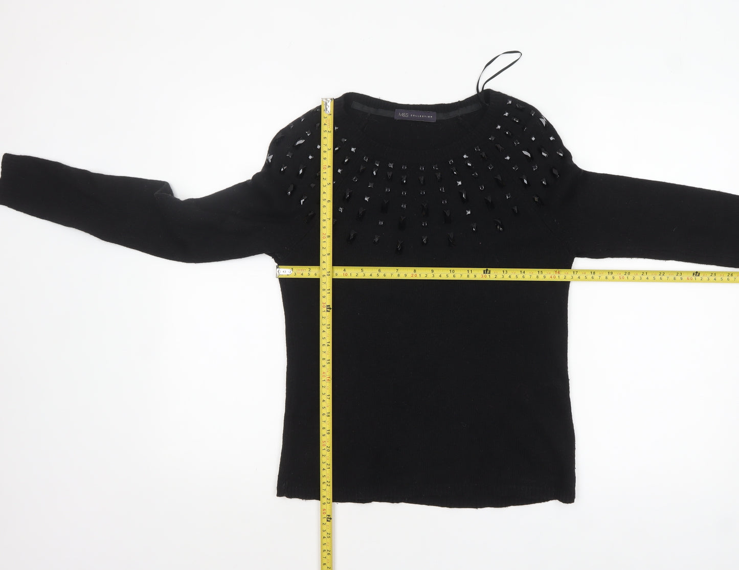 Marks and Spencer Women Black Size 10 Beaded Crew Neck Pullover Jumper