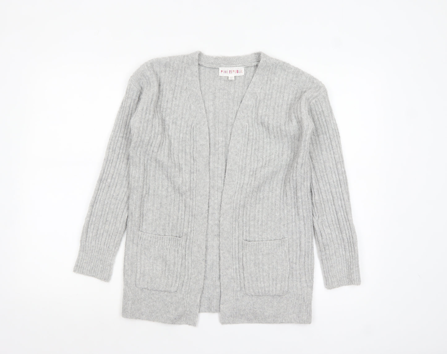 Pink Republic Womens Grey L Ribbed Knit Open Cardigan Jumper