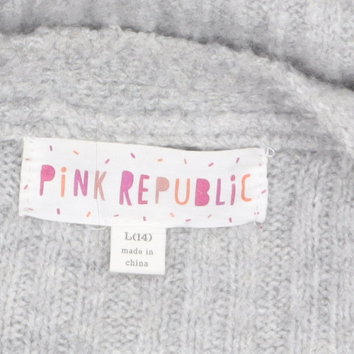 Pink Republic Womens Grey L Ribbed Knit Open Cardigan Jumper