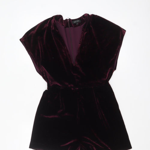 New Look Womens Burgundy Velvet Playsuit Size 8 Short Sleeve Partywear