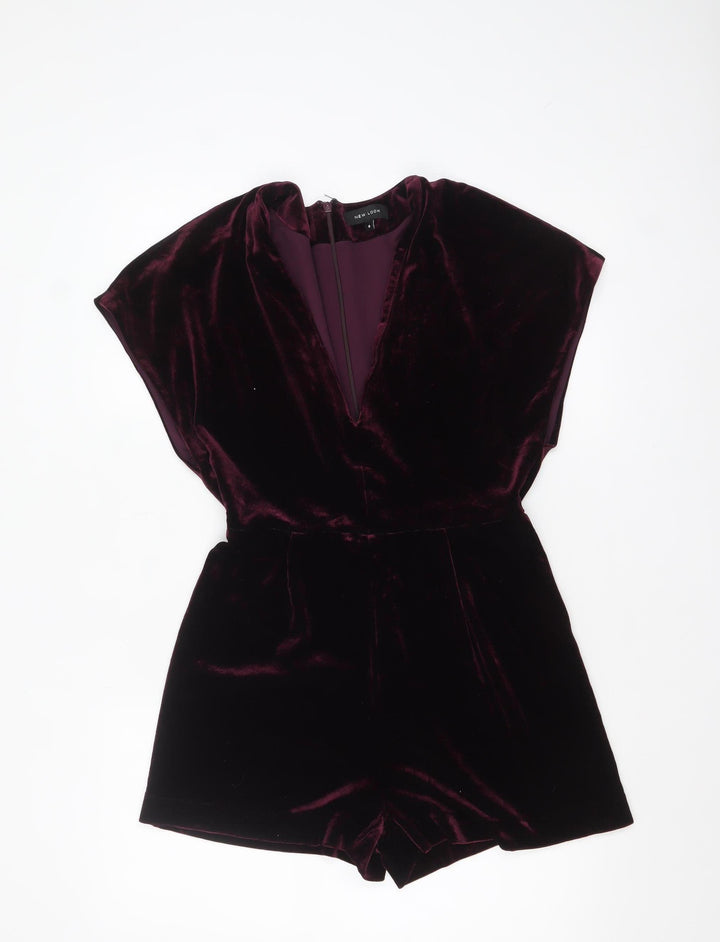 New Look Womens Burgundy Velvet Playsuit Size 8 Short Sleeve Partywear