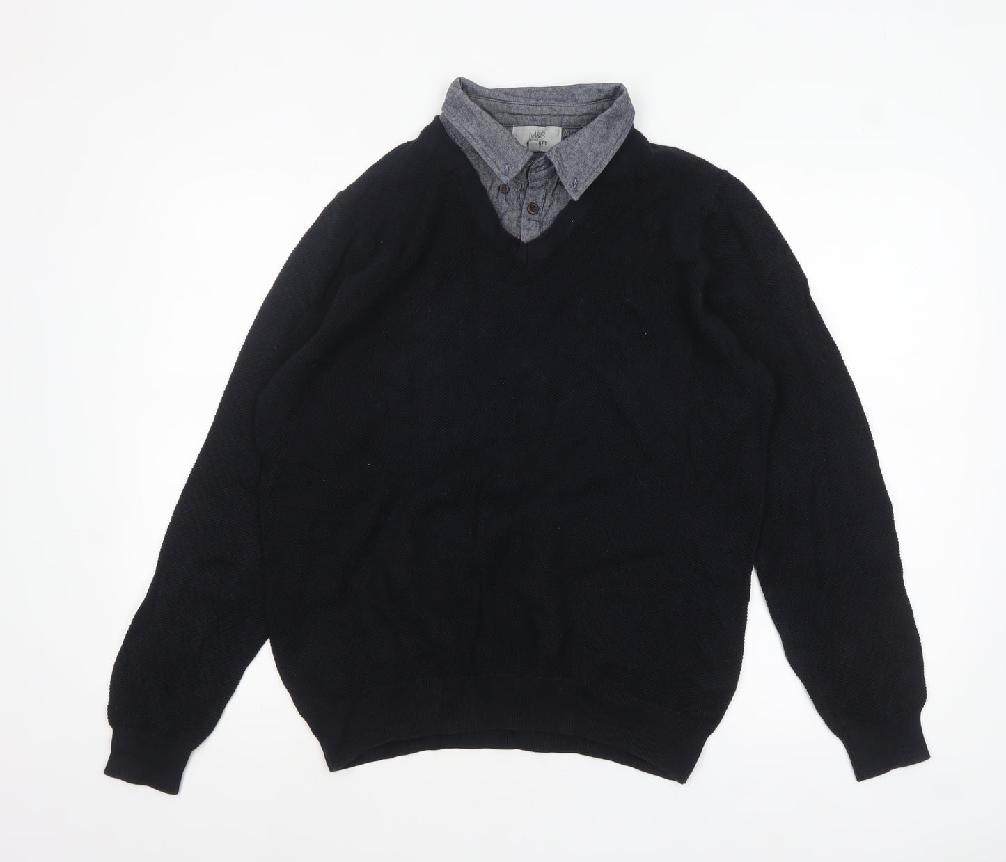 Marks and Spencer Men's Black Cotton V-Neck Jumper M