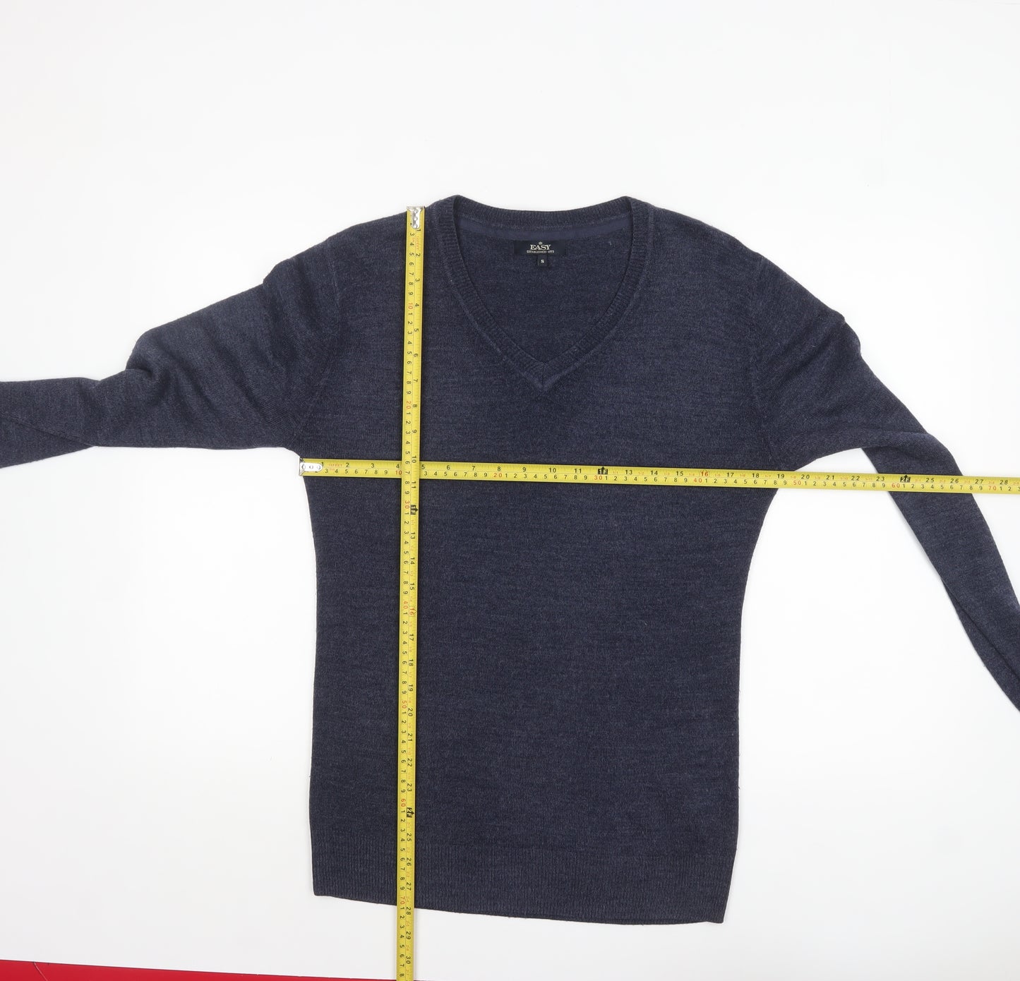 Easy Men's Blue V-Neck Acrylic Pullover Jumper Size S