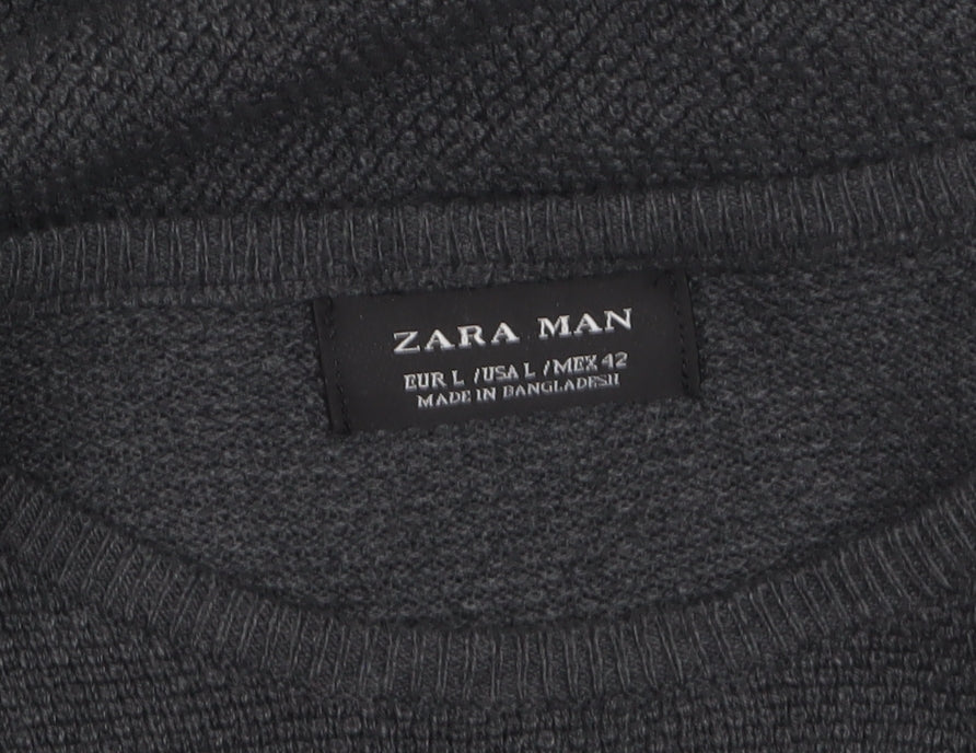 Zara Man Men's Grey Cotton Knit Crew Neck Jumper Size L