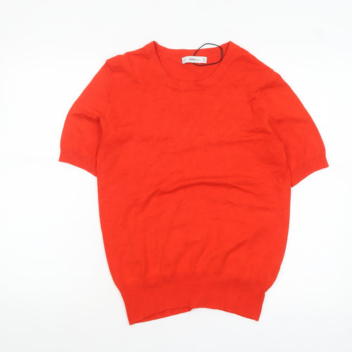 ZARA Women Red Knit Short Sleeve Crew Neck Pullover Jumper Size 12