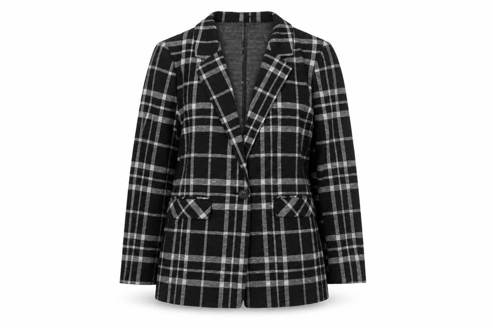 Front view of Primark Women's Black Check Single-Breasted Blazer, size 8