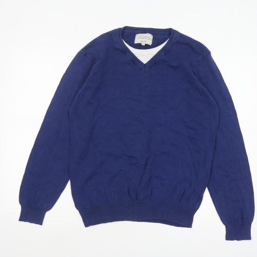 Hutson Harbour Men's Blue Cotton V-Neck Jumper Size L