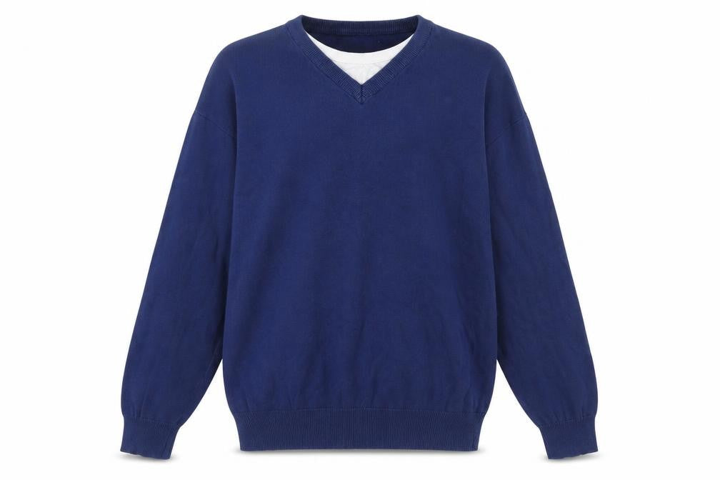 Front view of Hutson Harbour Men's Blue Cotton V-Neck Jumper, size L