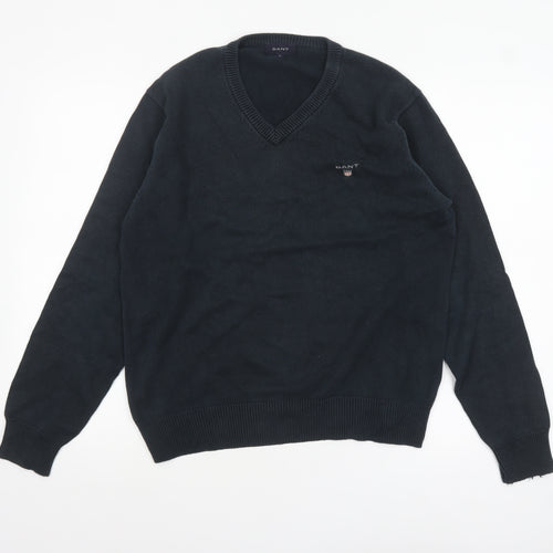 GANT Men's Black Cotton V-Neck Pullover Jumper Size S