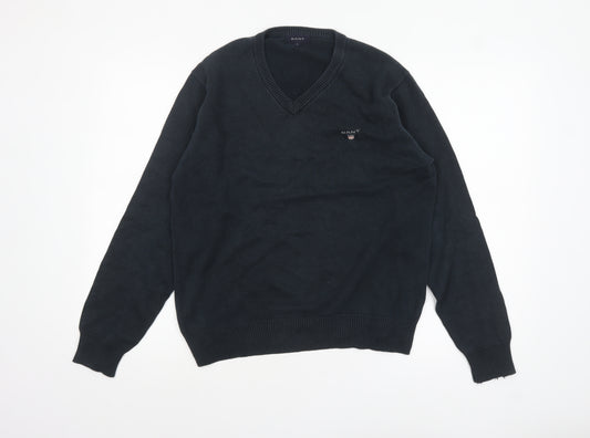 GANT Men's Black Cotton V-Neck Pullover Jumper Size S
