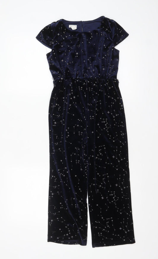 Monsoon Girls Navy Velvet Star Print Jumpsuit 7-8 Years Short Sleeve Partywear