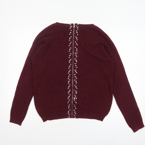 Next Women Red Jewel Zip Back Knit Jumper Size 10