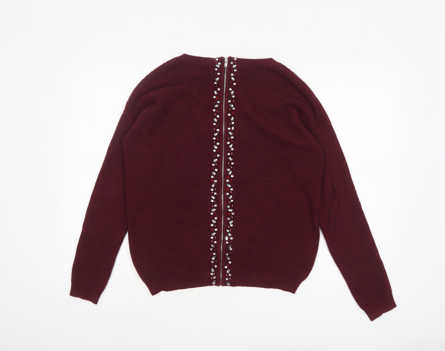 Next Women Red Jewel Zip Back Knit Jumper Size 10