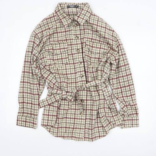 Missguided Petite Women’s Beige Check Belted Flannel Jacket Size 8