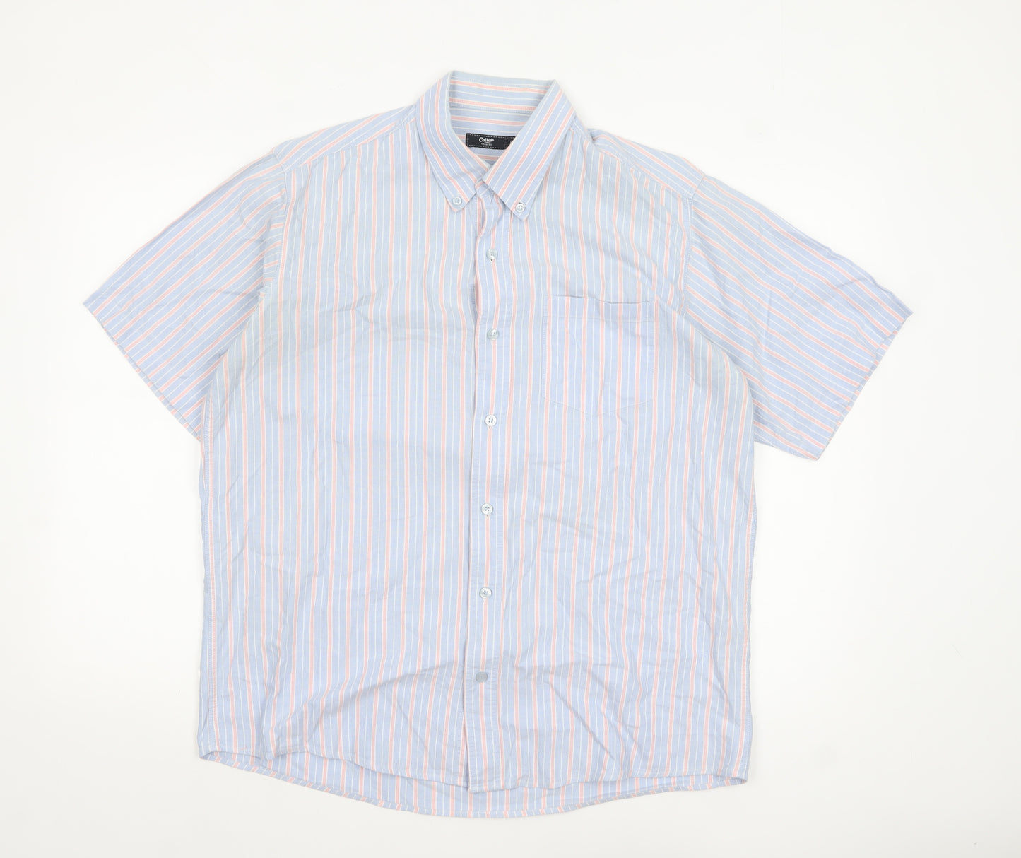 Cotton Traders Men's Blue Striped Short Sleeve Button-Up Shirt M