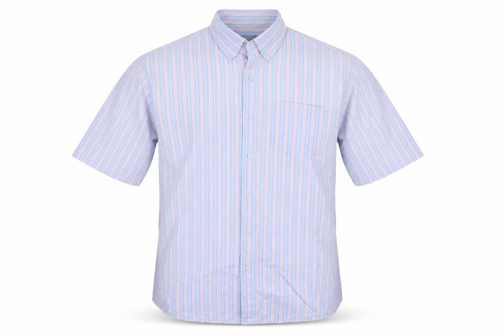Front view of Cotton Traders Men's Blue Striped Short Sleeve Button-Up Shirt M