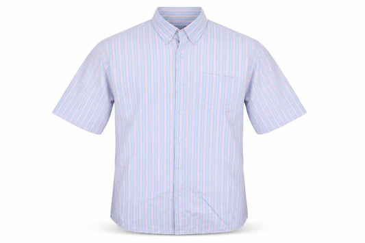Front view of Cotton Traders Men's Blue Striped Short Sleeve Button-Up Shirt M