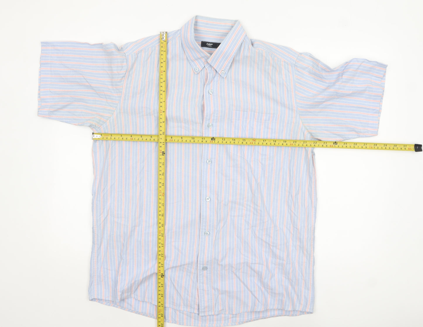 Cotton Traders Men's Blue Striped Short Sleeve Button-Up Shirt M