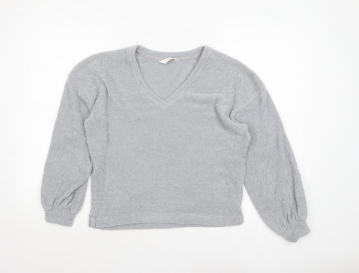 Marks and Spencer Women Silver Grey XS Knit V-Neck Pyjama Top