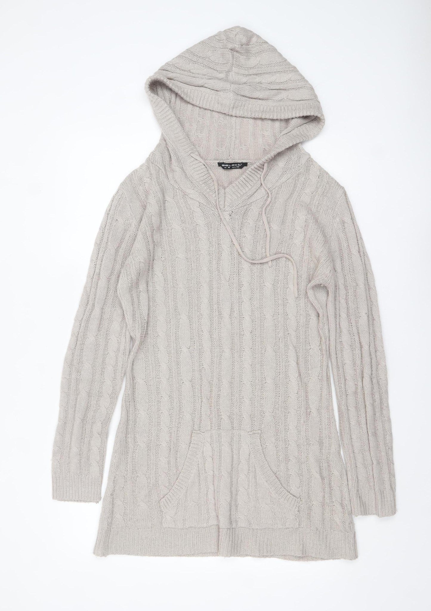 Select Women Beige Cable Knit Hooded Tunic Jumper Size 16