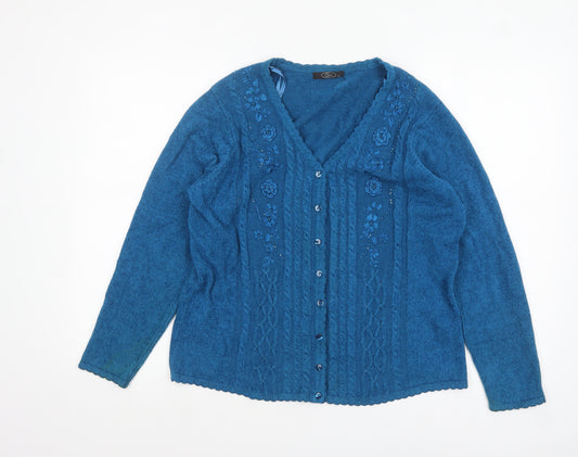 Bm Womens Blue V-Neck Embroidered Cardigan Jumper Size M