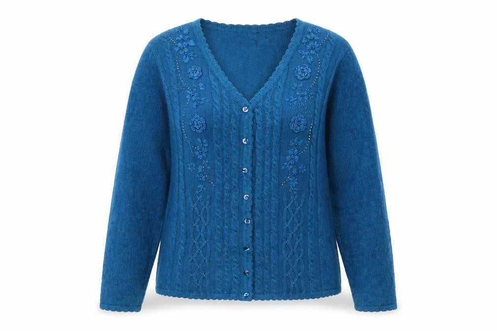 Front view of Bonmarché women’s blue v-neck embroidered cardigan jumper, size M