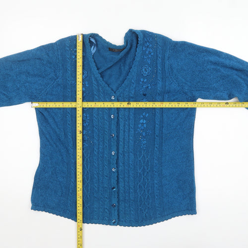 Bm Womens Blue V-Neck Embroidered Cardigan Jumper Size M