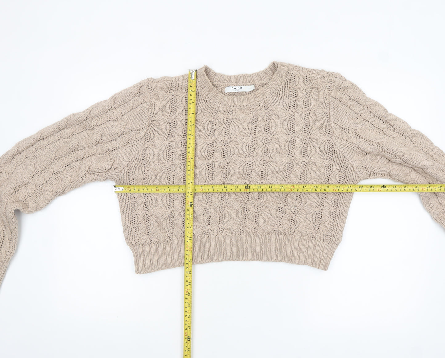 NA-KD Women Beige Cable-Knit Cotton Blend Jumper L