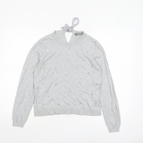 Oasis Women's Grey Beaded Bow Knit Pullover Jumper Size M