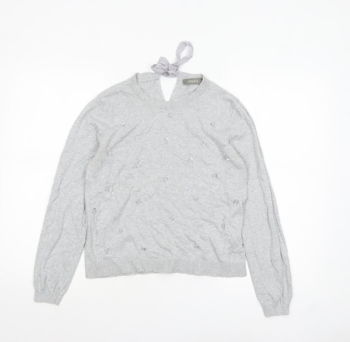 Oasis Women's Grey Beaded Bow Knit Pullover Jumper Size M