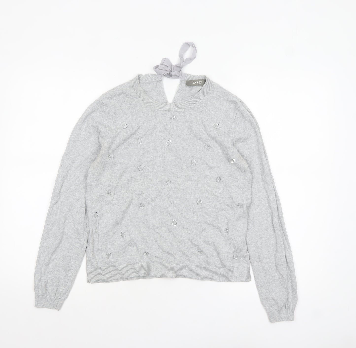 Oasis Women's Grey Beaded Bow Knit Pullover Jumper Size M