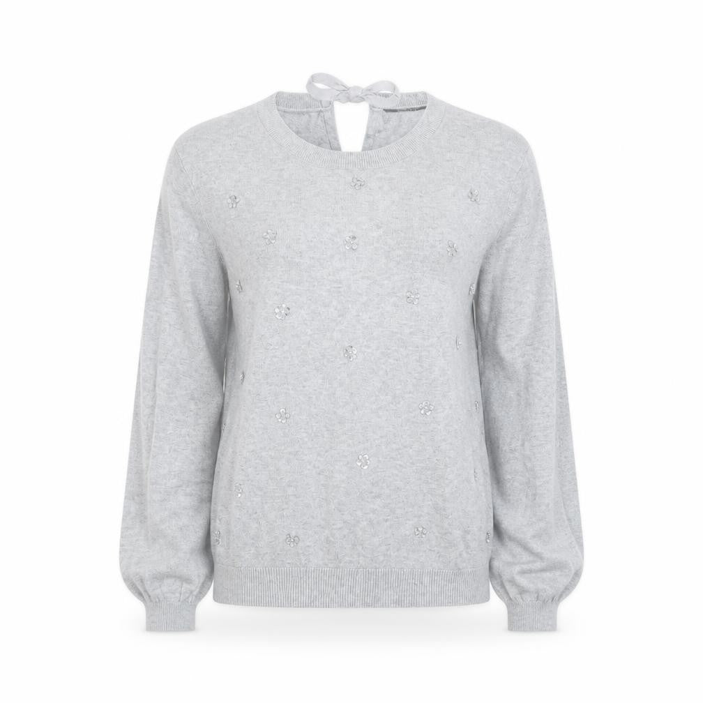 Front view of Oasis Women's Grey Beaded Bow Knit jumper, size M