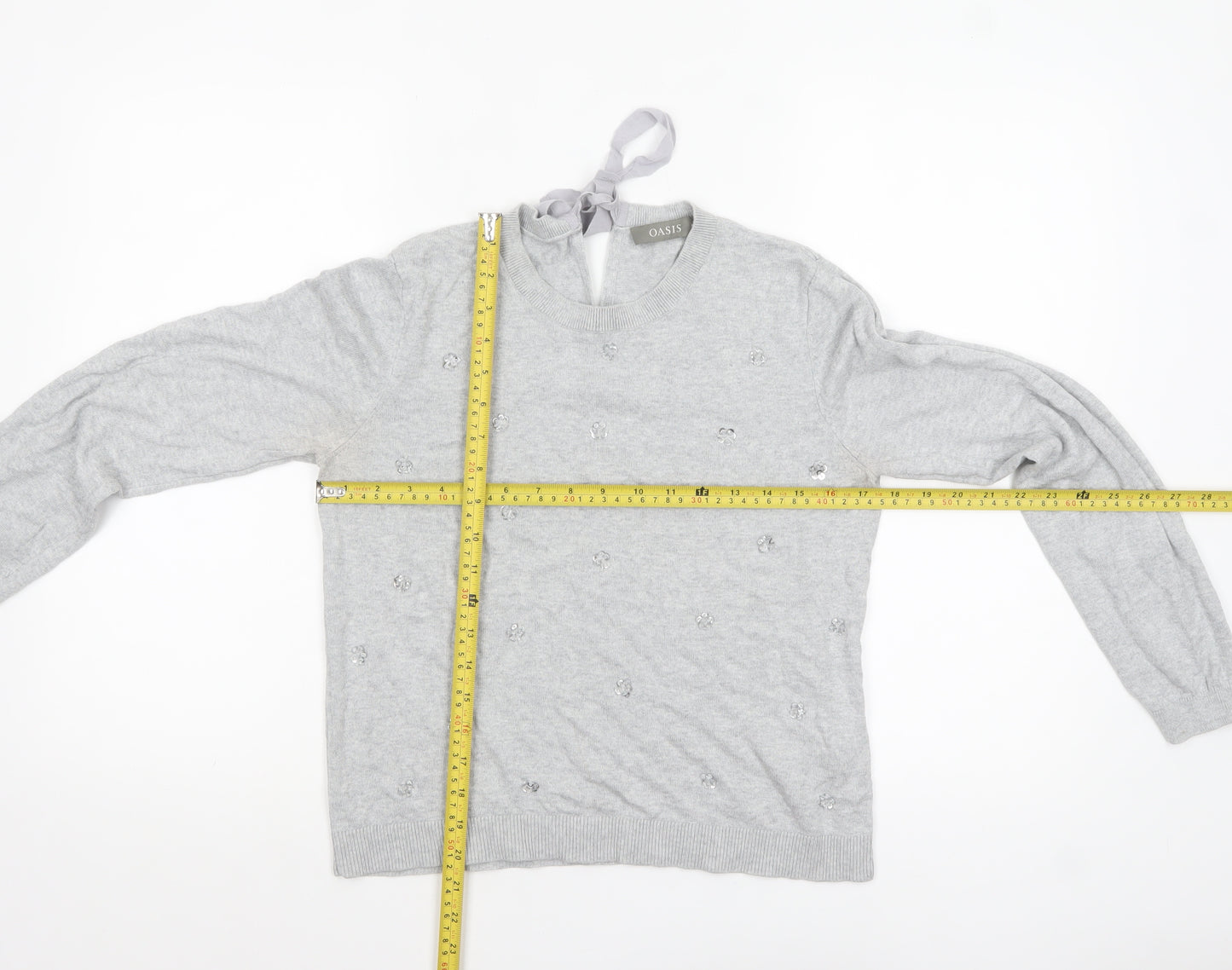 Oasis Women's Grey Beaded Bow Knit Pullover Jumper Size M