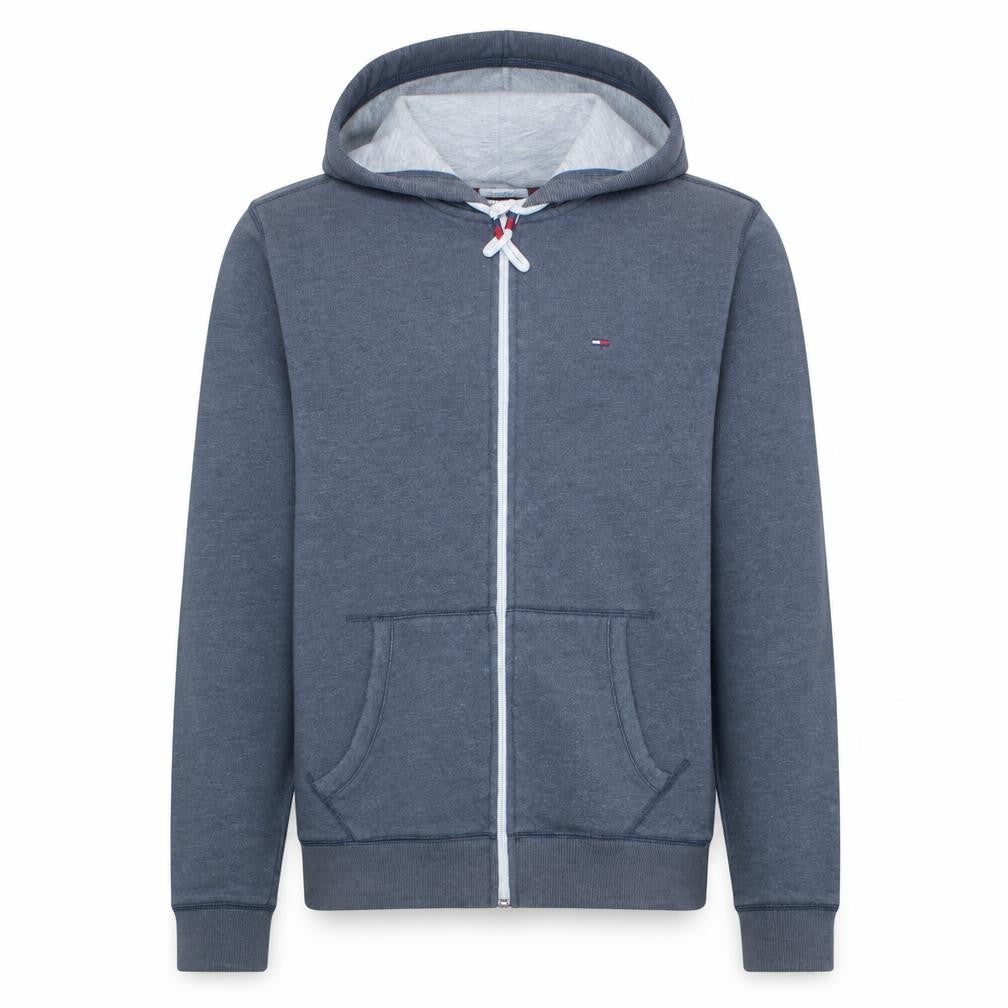 Front view of Tommy Jeans men’s blue regular fit full zip hoodie, size M